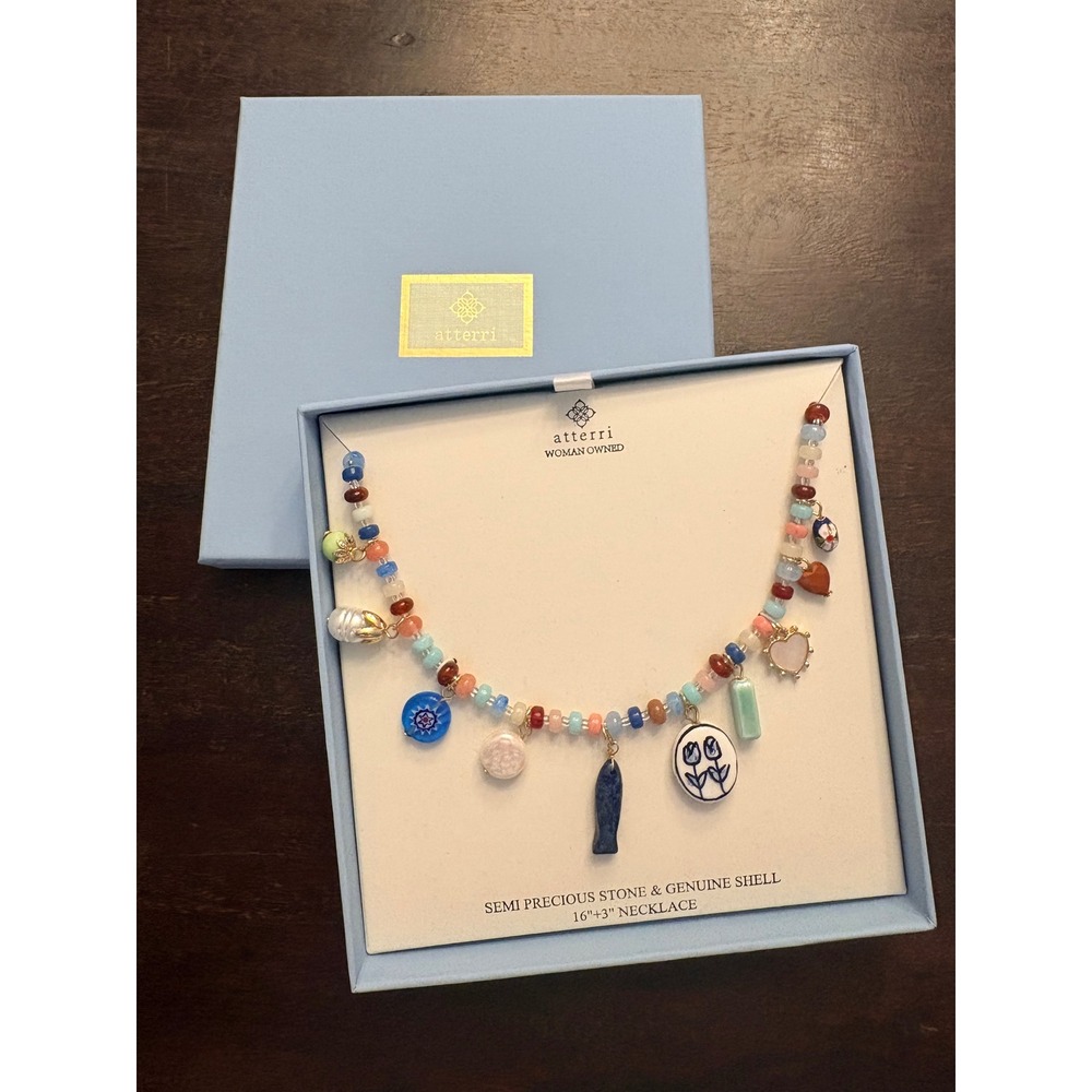 Atterri Semi Precious Stone Genuine Shell Charm Necklace Blue Fish Pearl NIB
